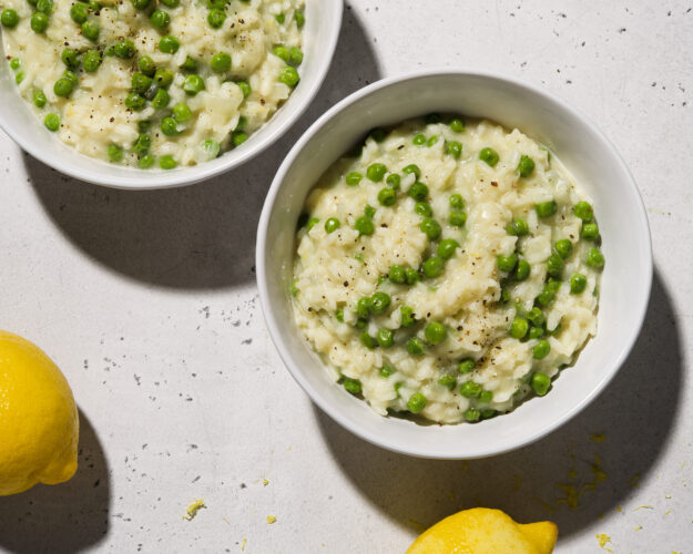 Frozen peas and lemon  add complexity to this  weeknight-friendly risotto